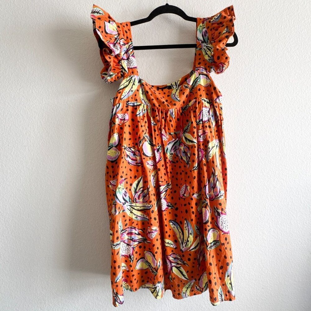 Anthropologie Kourt Aria Linen Tropical Short Dress Pockets Fruit Bird Medium - Picture 2 of 14